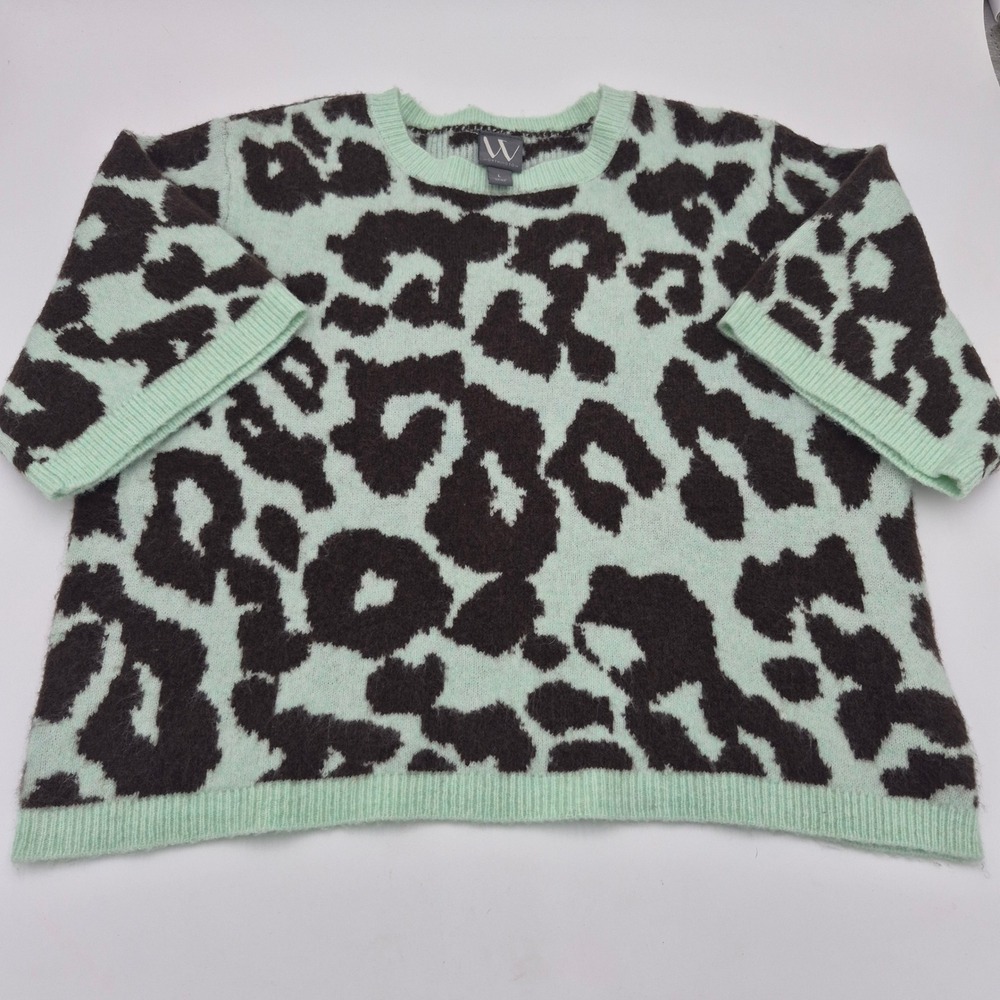 Worthington Womens Mint Green Brown Leopard Print Short Sleeve Sweater Large - Picture 2 of 6